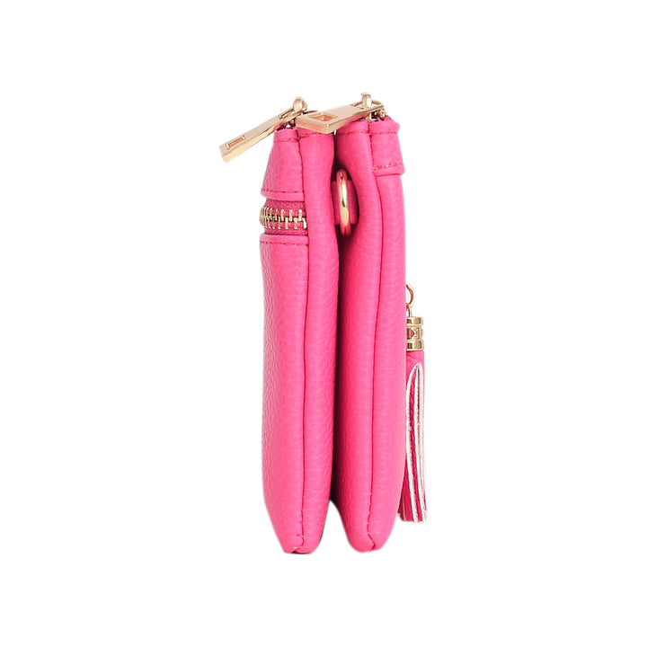 Pink quilted handbag with gold accents on a white background