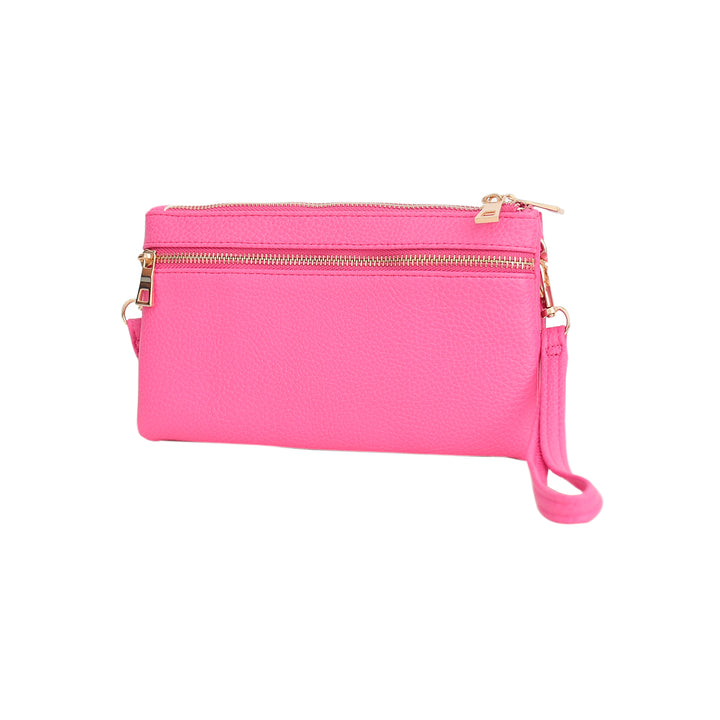 Pink clutch bag with gold zipper on a white background