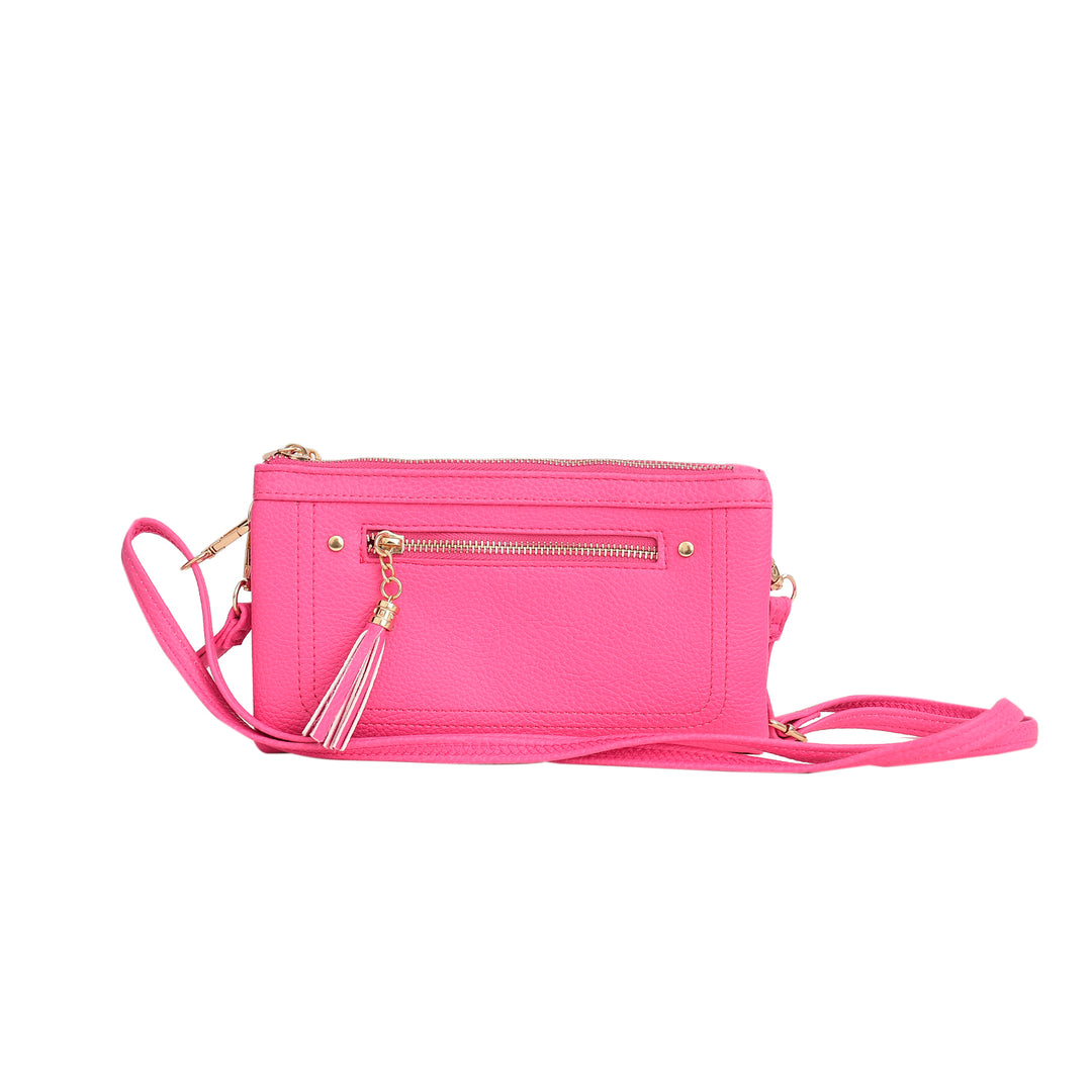 Pink handbag with a strap on a white background