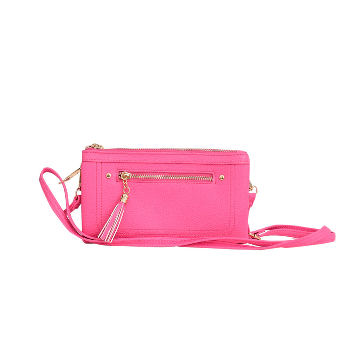 Pink handbag with a strap on a white background
