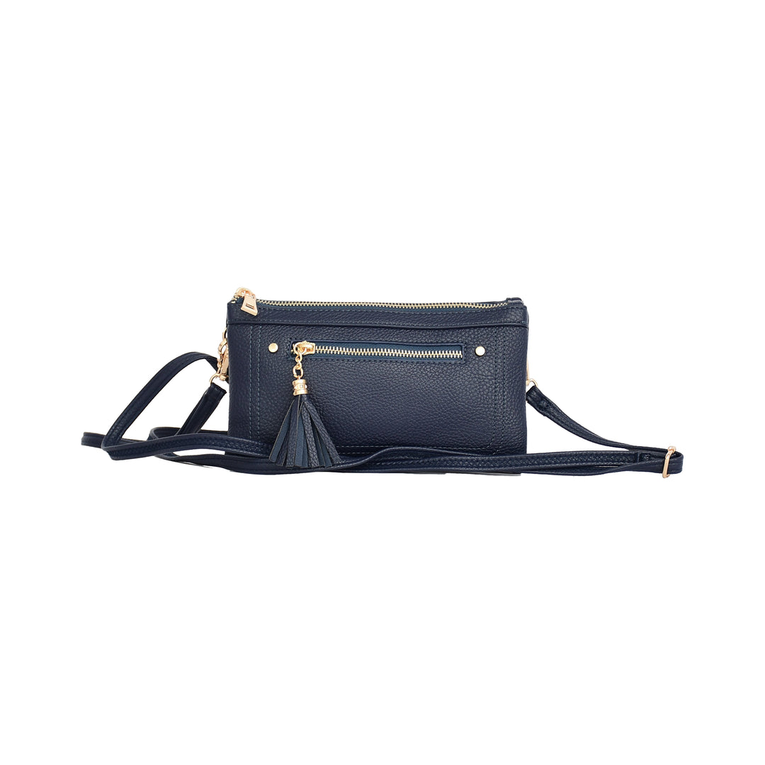 Navy blue handbag with gold accents on a white background