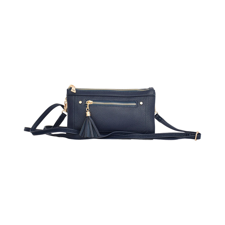 Navy blue handbag with gold accents on a white background