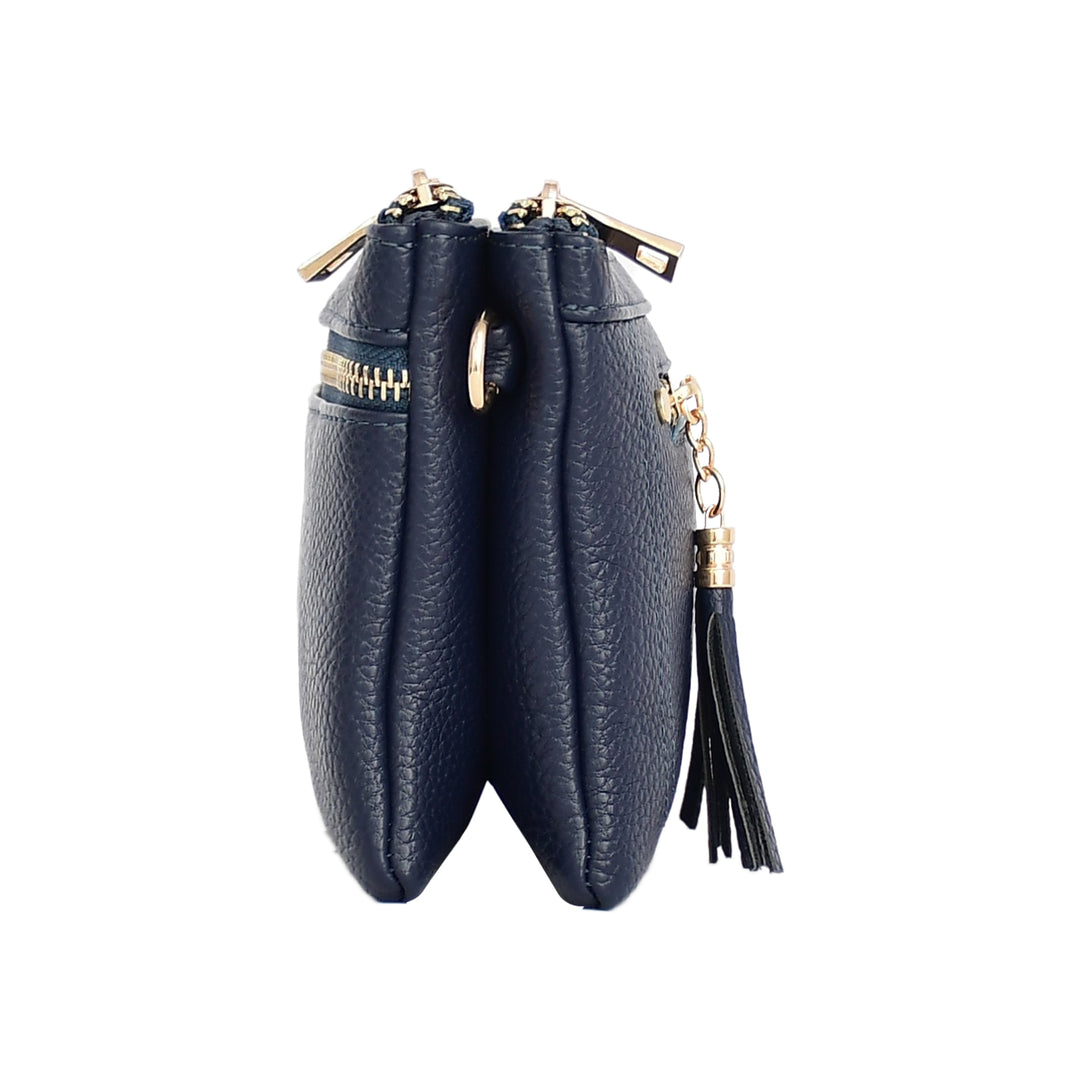 Navy blue leather pouch with gold zipper and tassel on a white background