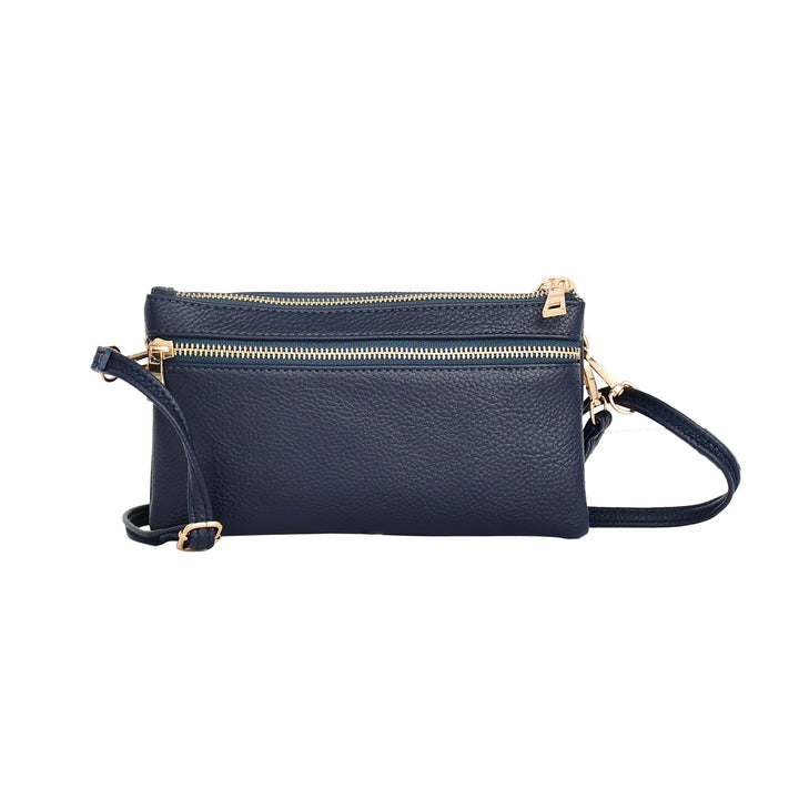 Navy blue handbag with gold zippers on a white background