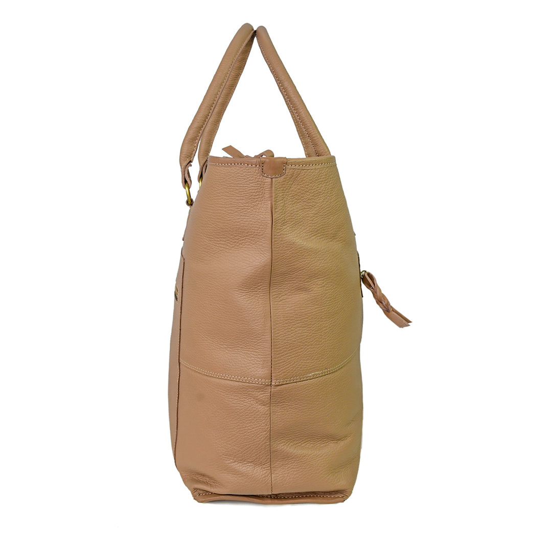 Beige leather handbag with a shoulder strap on a white background