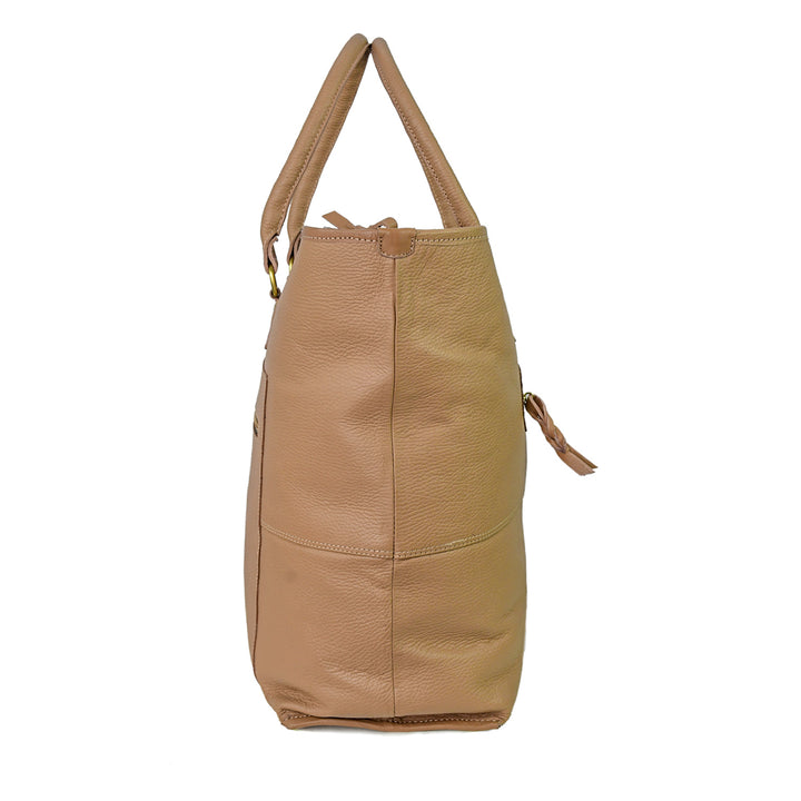 Beige leather handbag with a shoulder strap on a white background