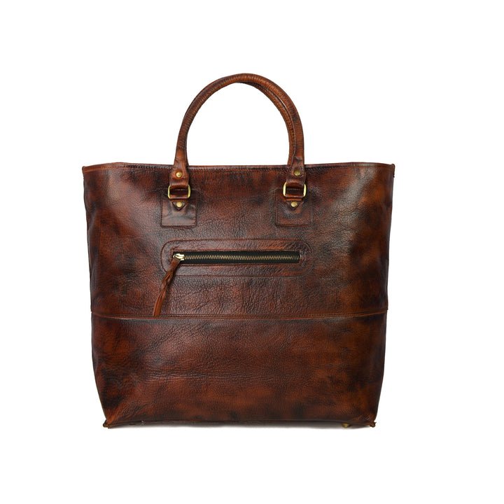 Brown leather tote bag with a zipper on a white background