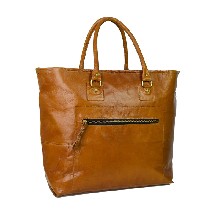 Brown leather tote bag with gold accents on a white background