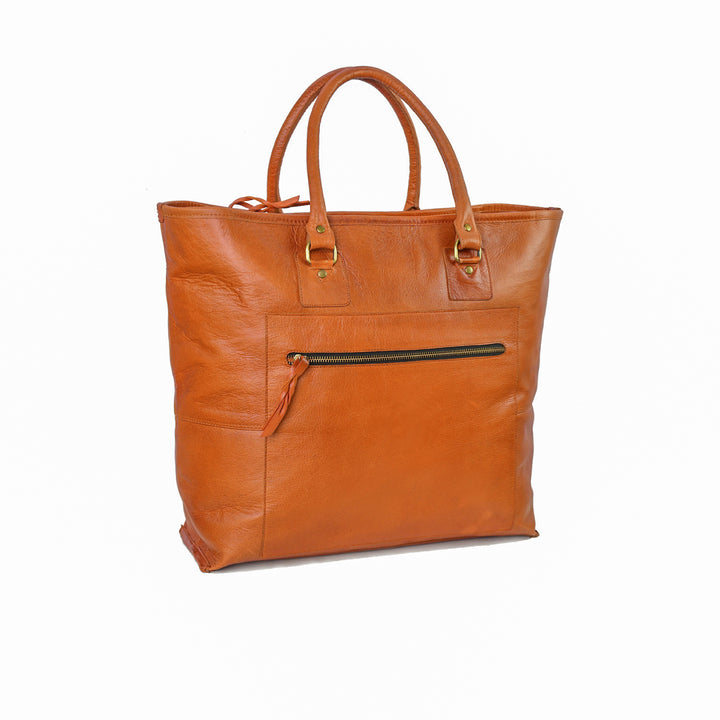 Brown leather tote bag with a zipper on a white background