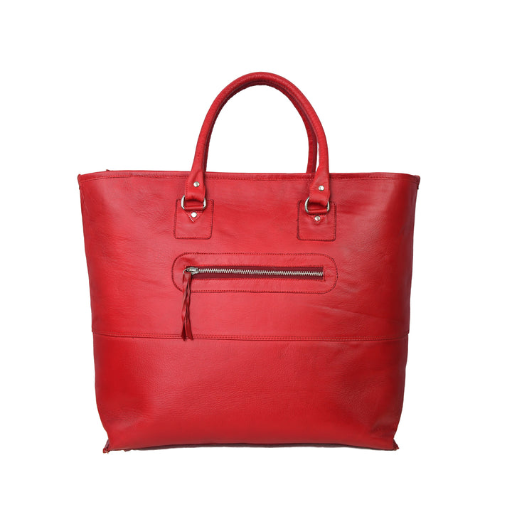Red leather tote bag with a zipper on a white background