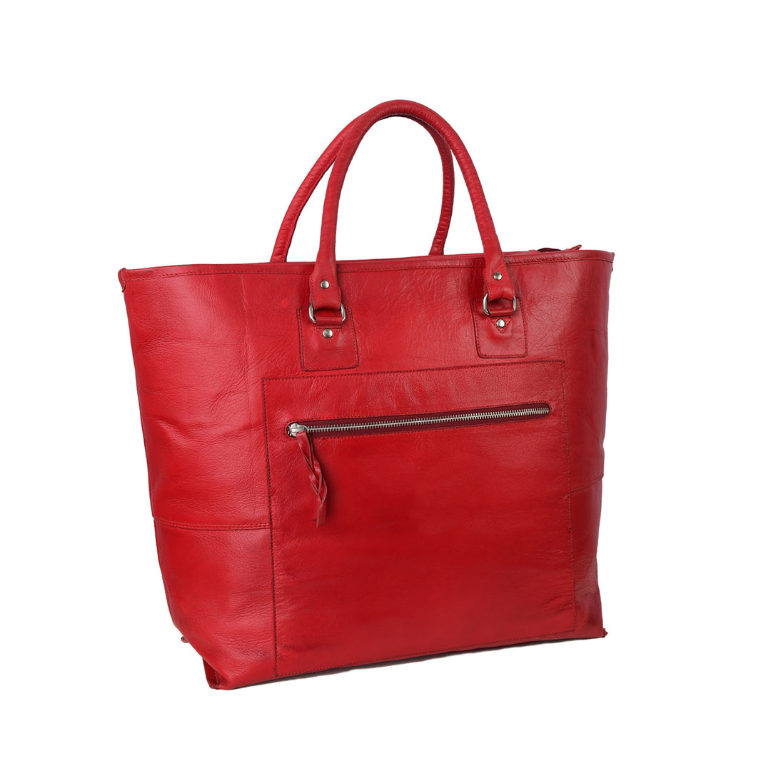 Red leather tote bag on a white background