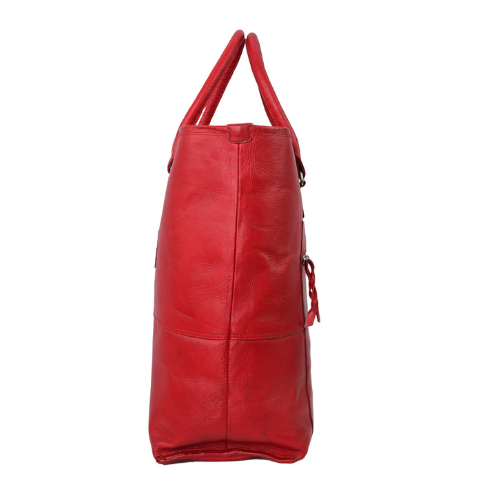 Red leather tote bag on a white background