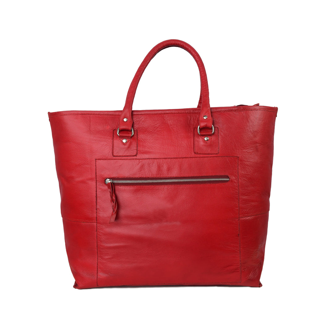 Red leather tote bag on a white background