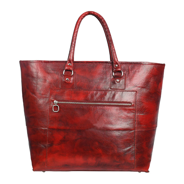 Red leather tote bag on a white background