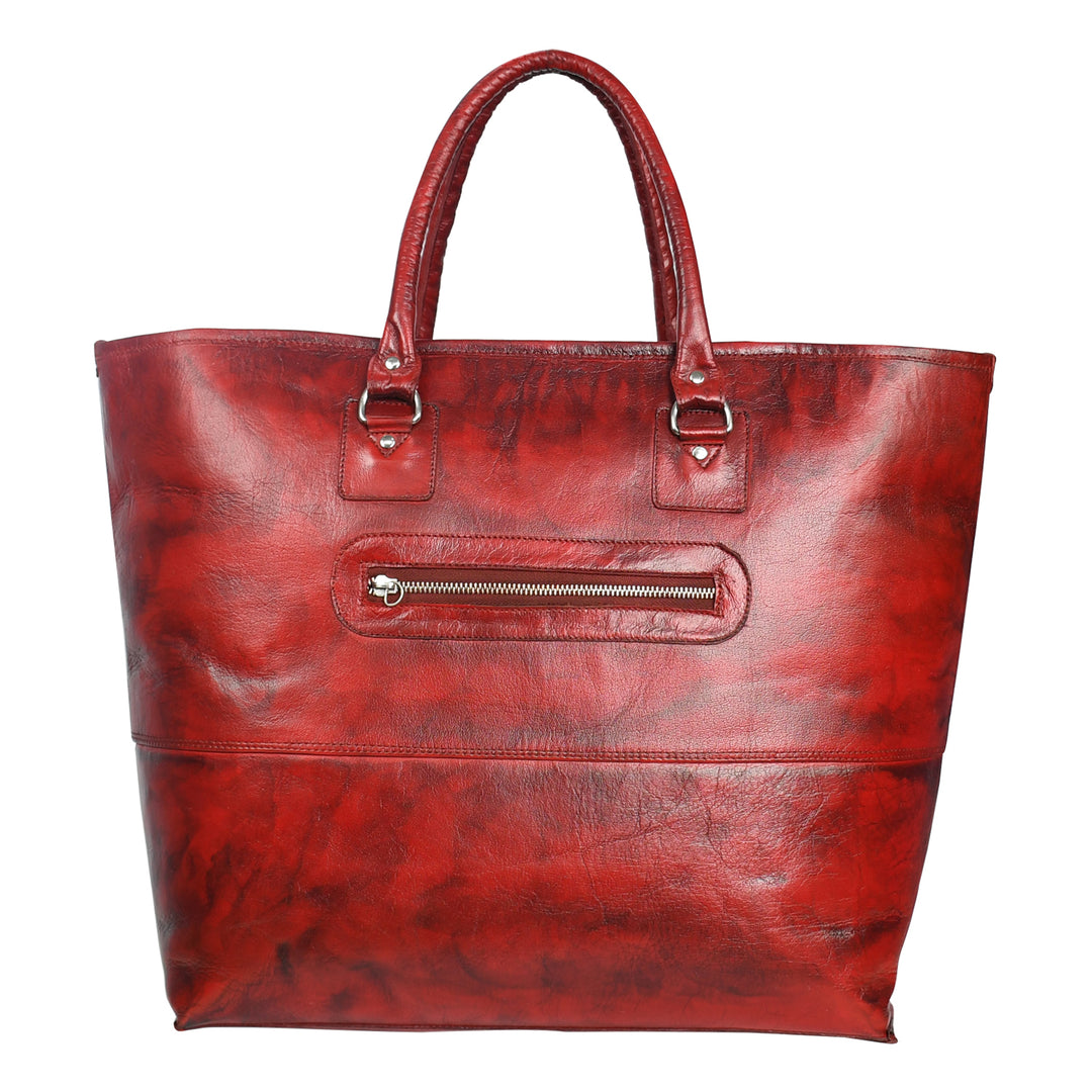 Red leather tote bag with a zipper on a white background