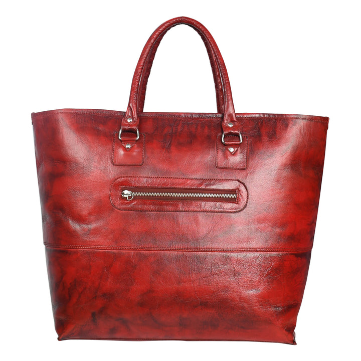 Red leather tote bag with a zipper on a white background