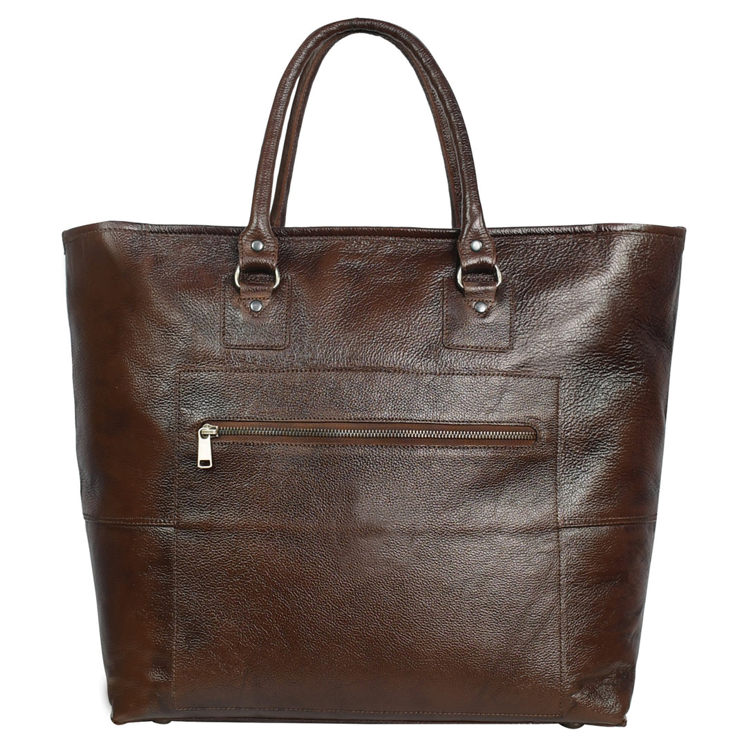 Brown leather tote bag with a zipper pocket on a white background