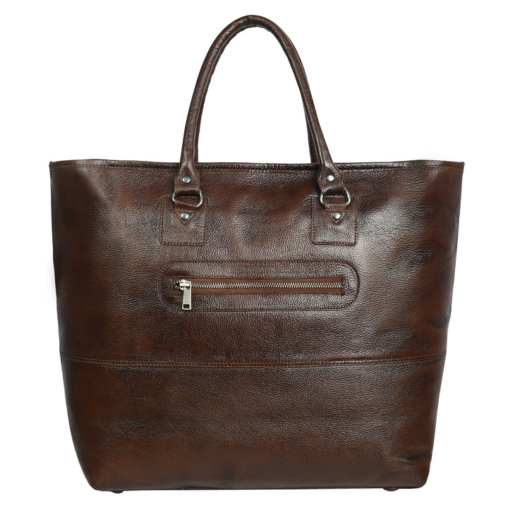 Brown leather tote bag with a zipper on a white background