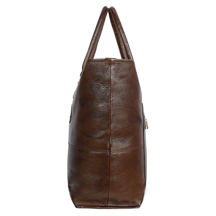 Brown leather tote bag on a white background
