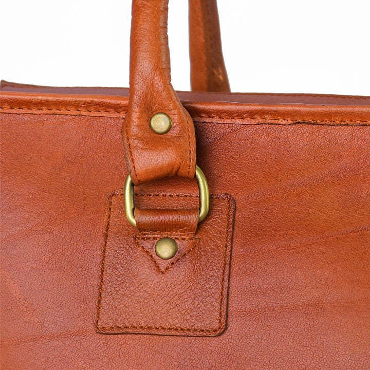 Close-up of a brown leather handbag with gold hardware on a white background