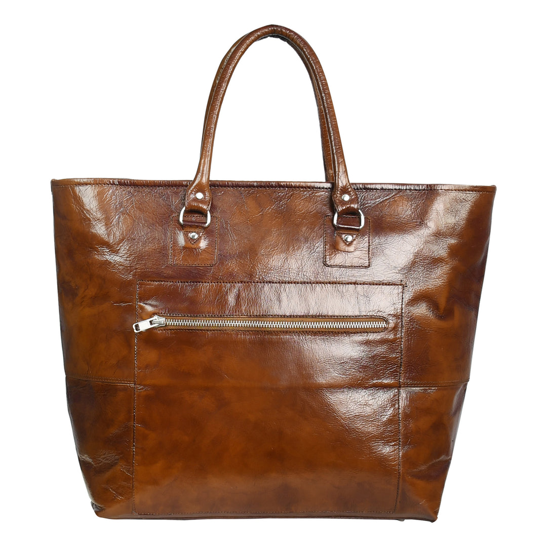 Brown leather tote bag with a zipper pocket on a white background