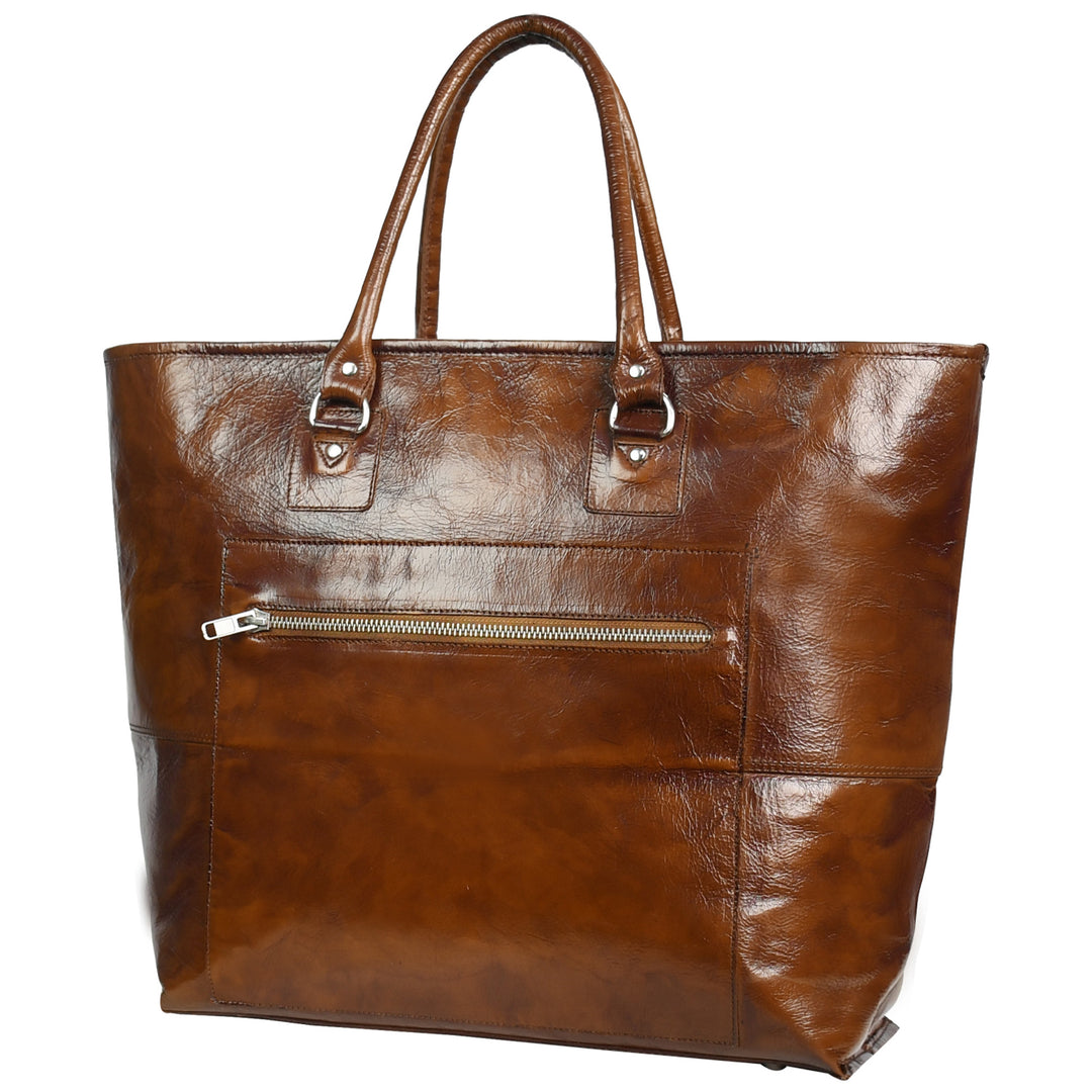 Brown leather tote bag with visible zippers on a white background