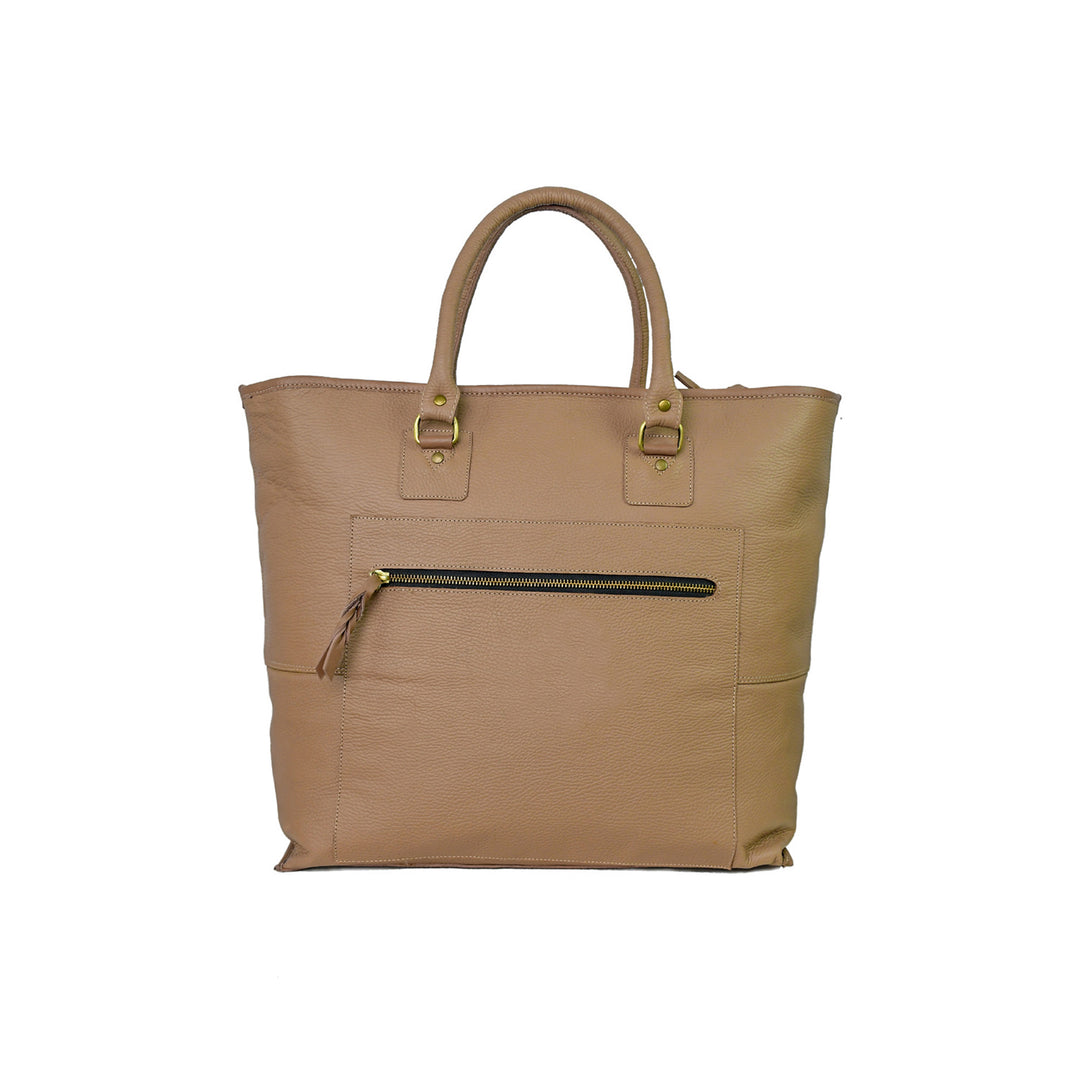 Tan handbag with gold zipper and hardware on a white background