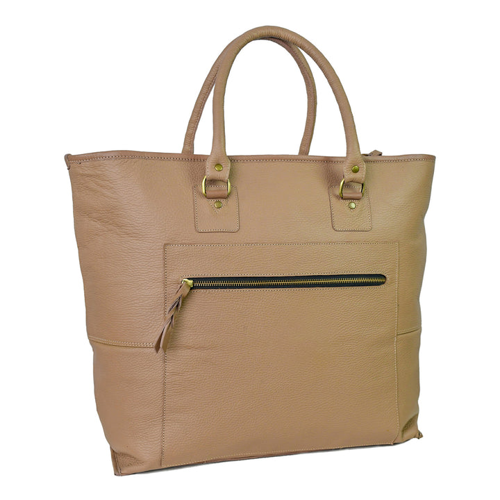 Beige handbag with a zipper on a white background