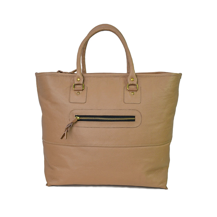 Beige handbag with a zipper pocket on a white background