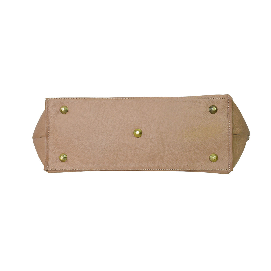 Beige handbag with gold studs on a white background