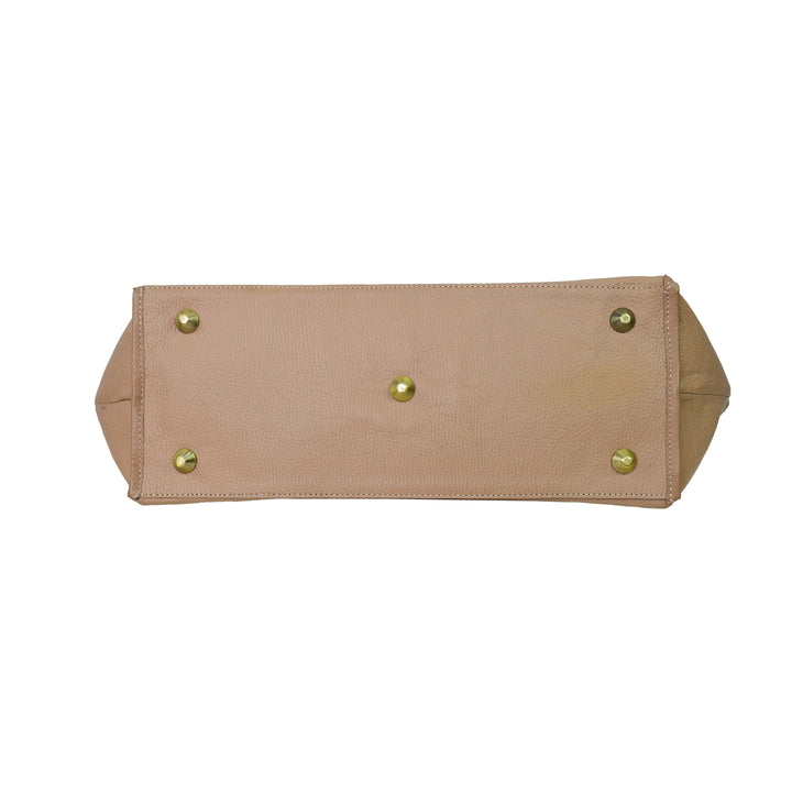 Beige handbag with gold studs on a white background