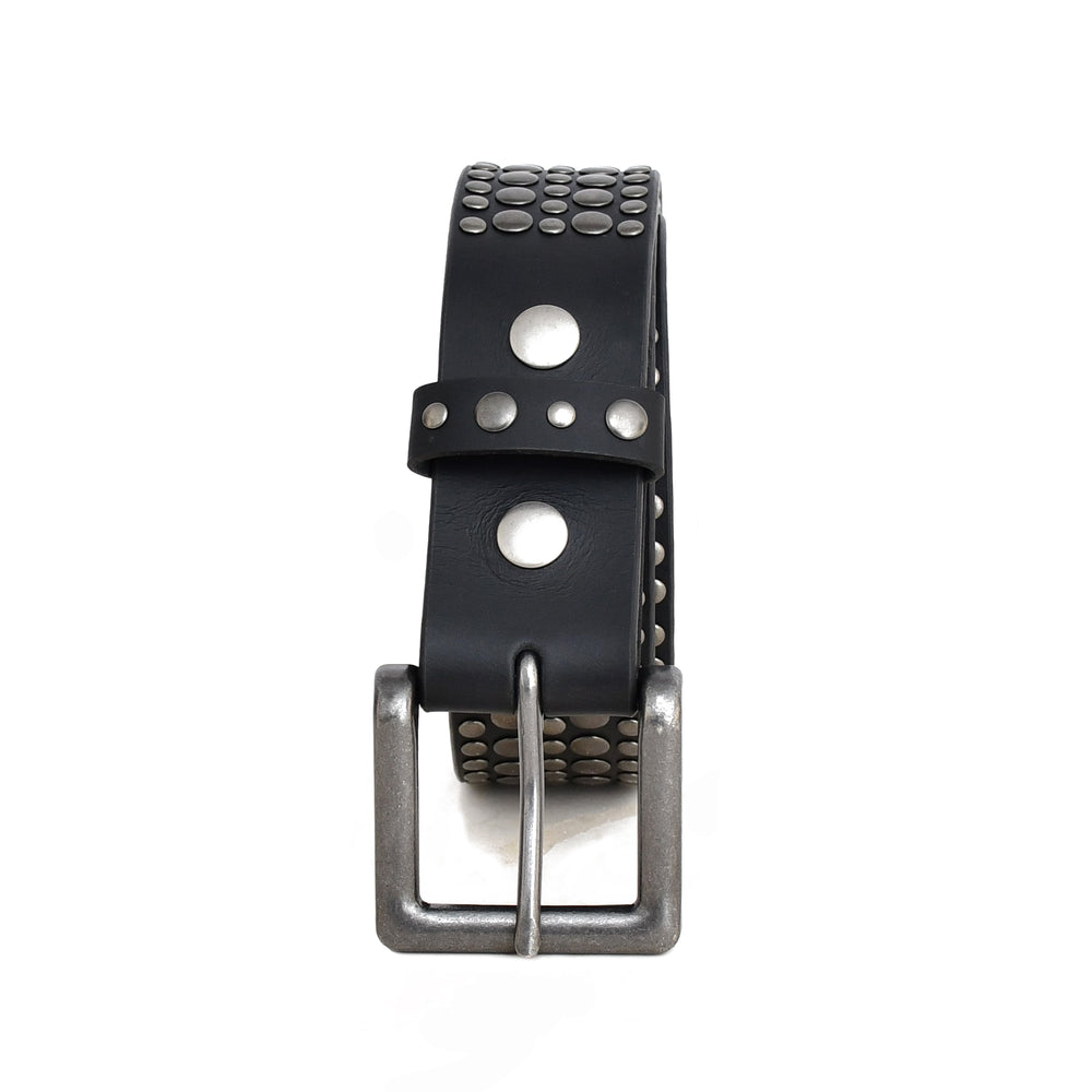 A black leather belt with a silver-toned metal buckle and silver studs, shown on a plain white background.