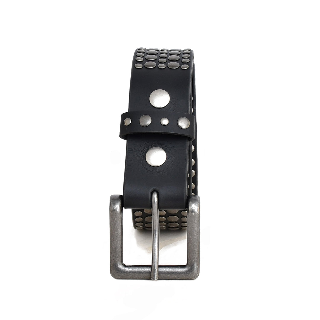 A black leather belt with a silver-toned metal buckle and silver studs, shown on a plain white background.