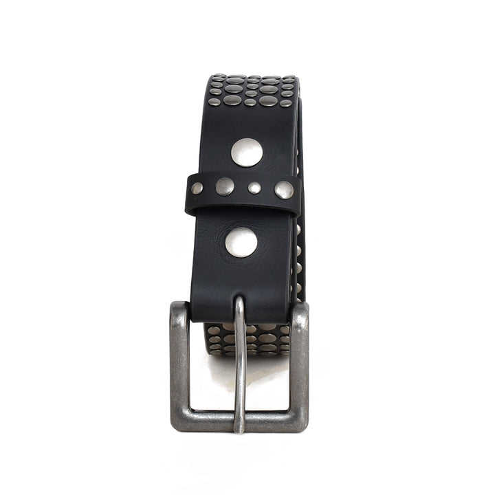 A black leather belt with a silver-toned metal buckle and silver studs, shown on a plain white background.