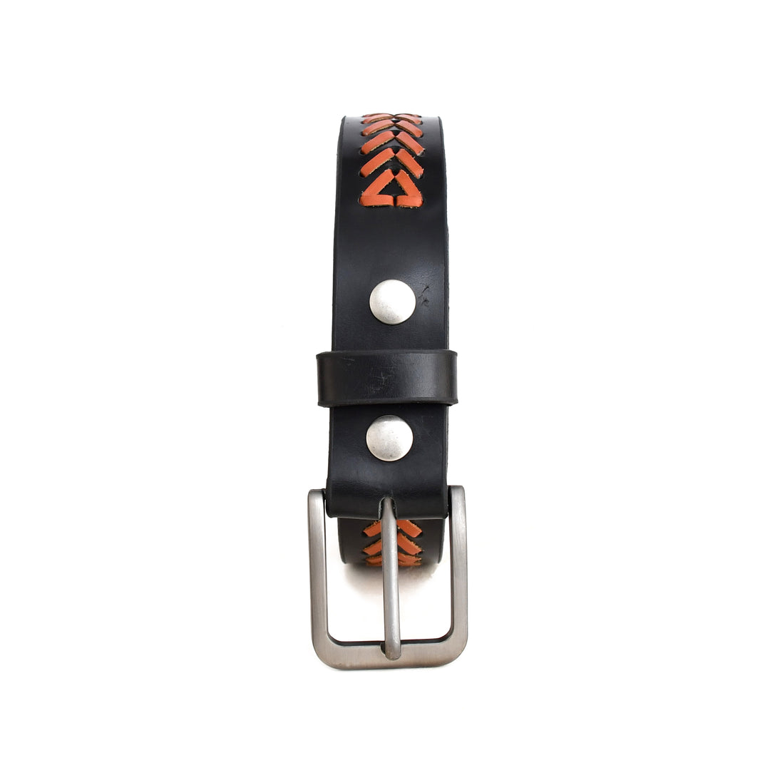 A black leather belt with orange braided and a silver-tone metal buckle, shown against a plain white background.