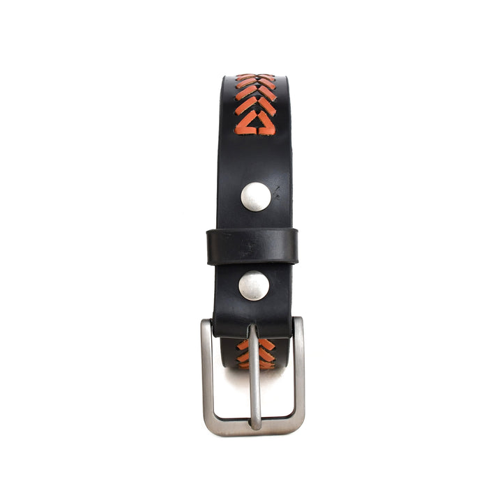 A black leather belt with orange braided and a silver-tone metal buckle, shown against a plain white background.