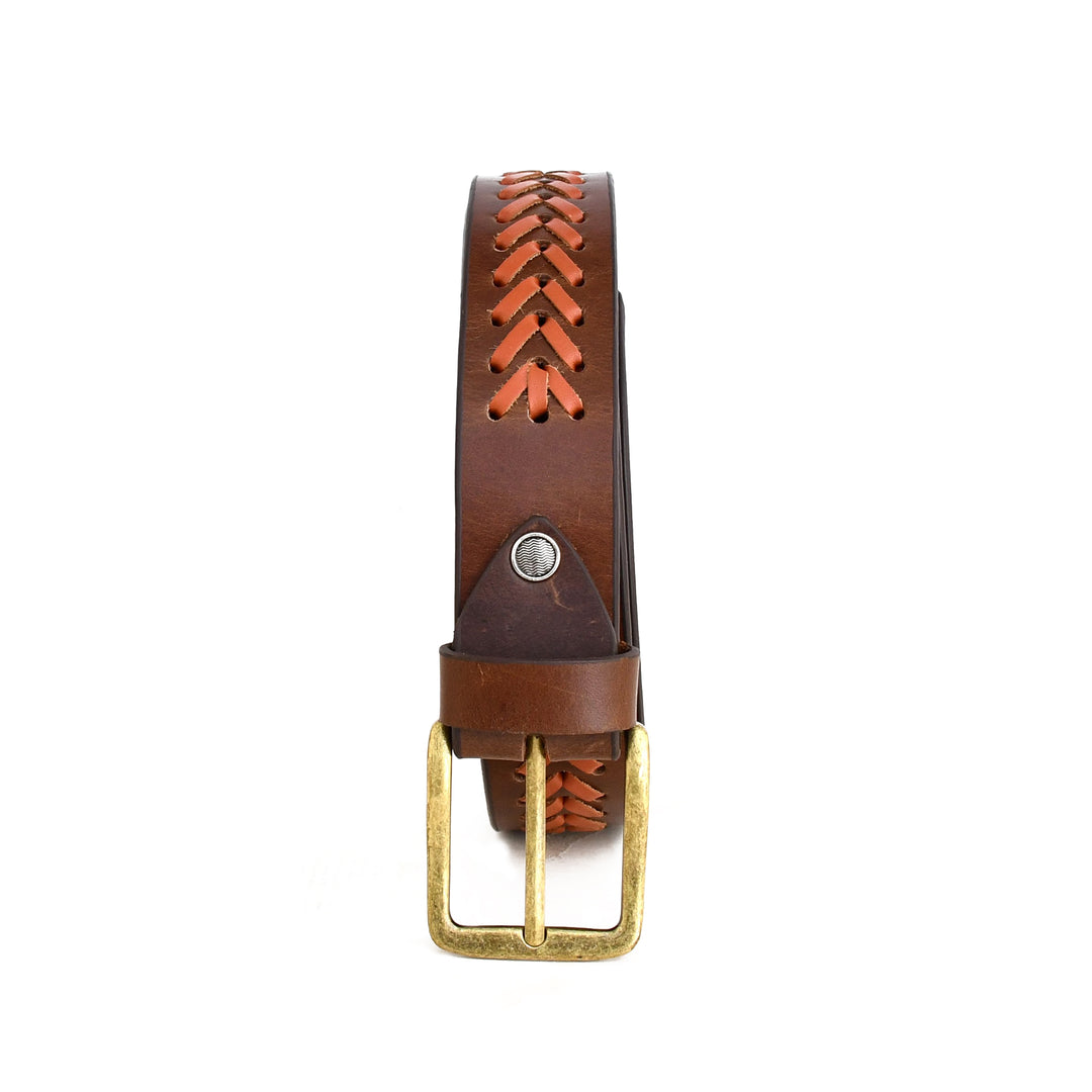 A brown leather belt with a braided pattern on the sides and a brass buckle, shown on a plain white background.