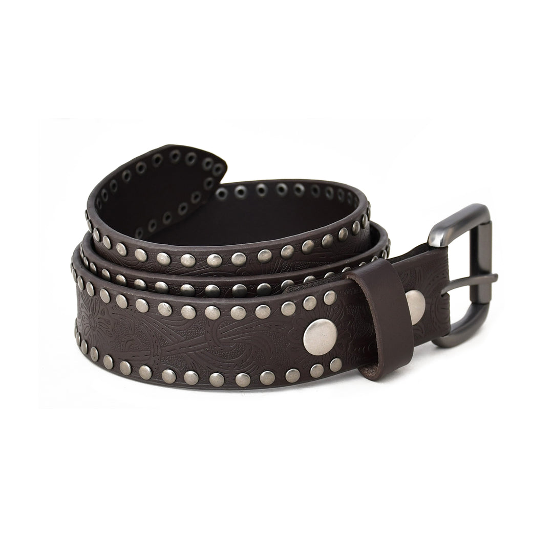A dark brown leather belt with silver-tone metal studs and a matching dark metal buckle, coiled on a white background.