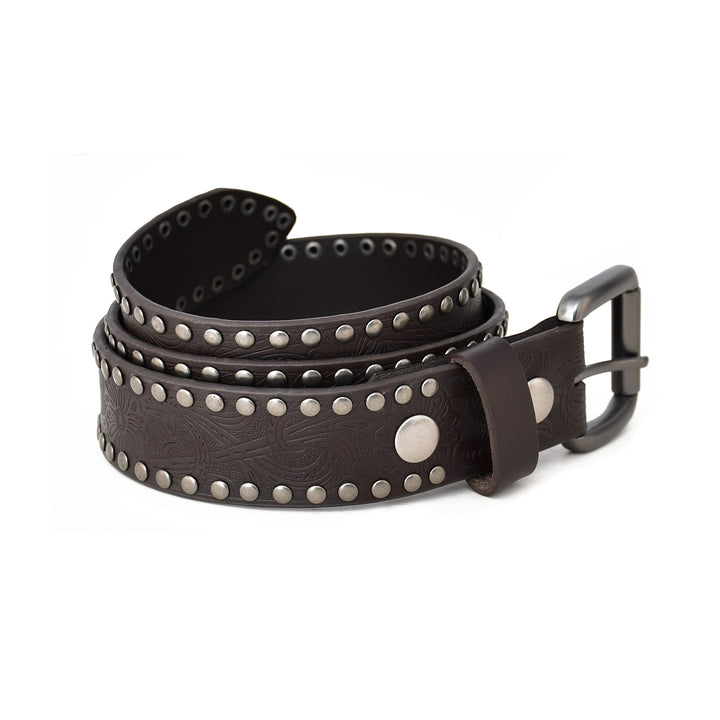A dark brown leather belt with silver-tone metal studs and a matching dark metal buckle, coiled on a white background.