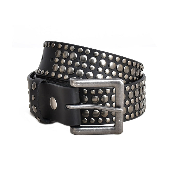 A black leather belt heavily embellished with silver-tone studs, featuring a matching silver buckle, shown on a plain white background.