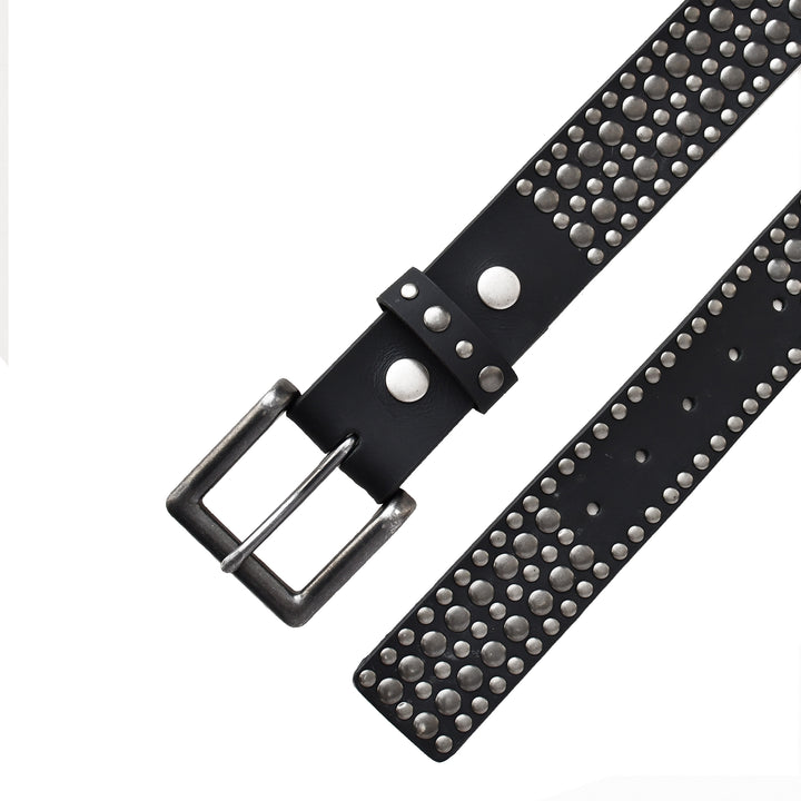 A black studded belt with a silver-tone buckle, shown on a plain white background.