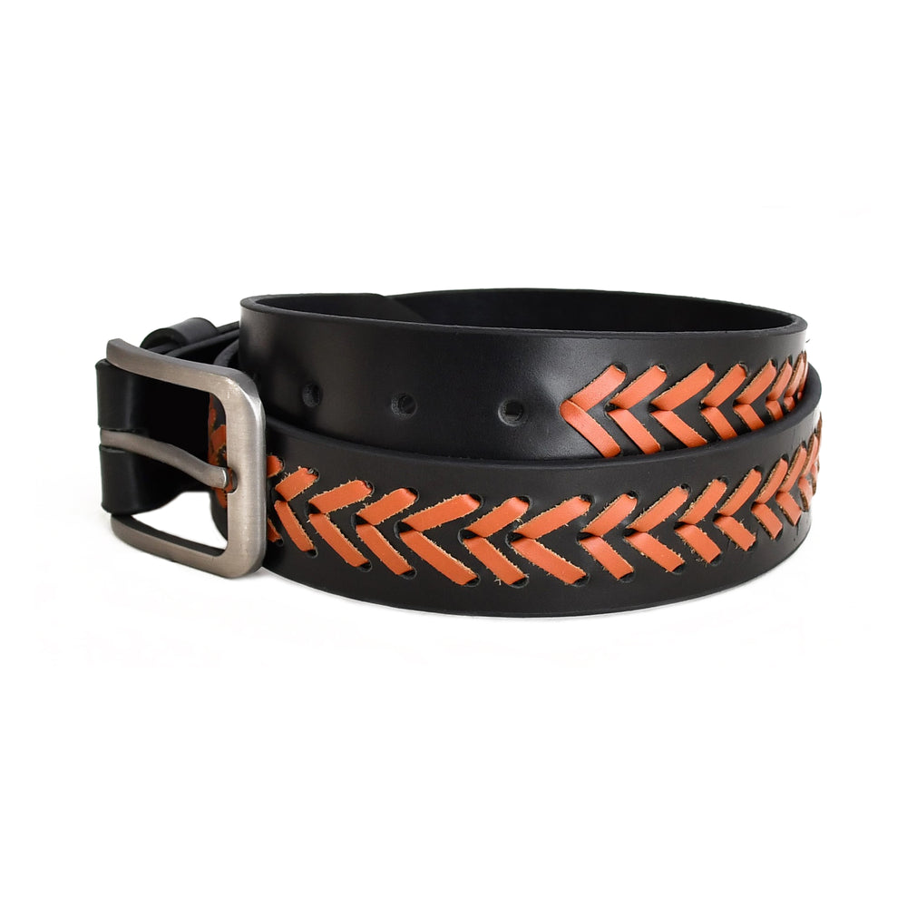 A black leather belt with a silver-tone buckle, featuring a prominent orange chevron pattern woven along the outer strap, displayed on a clean white background.