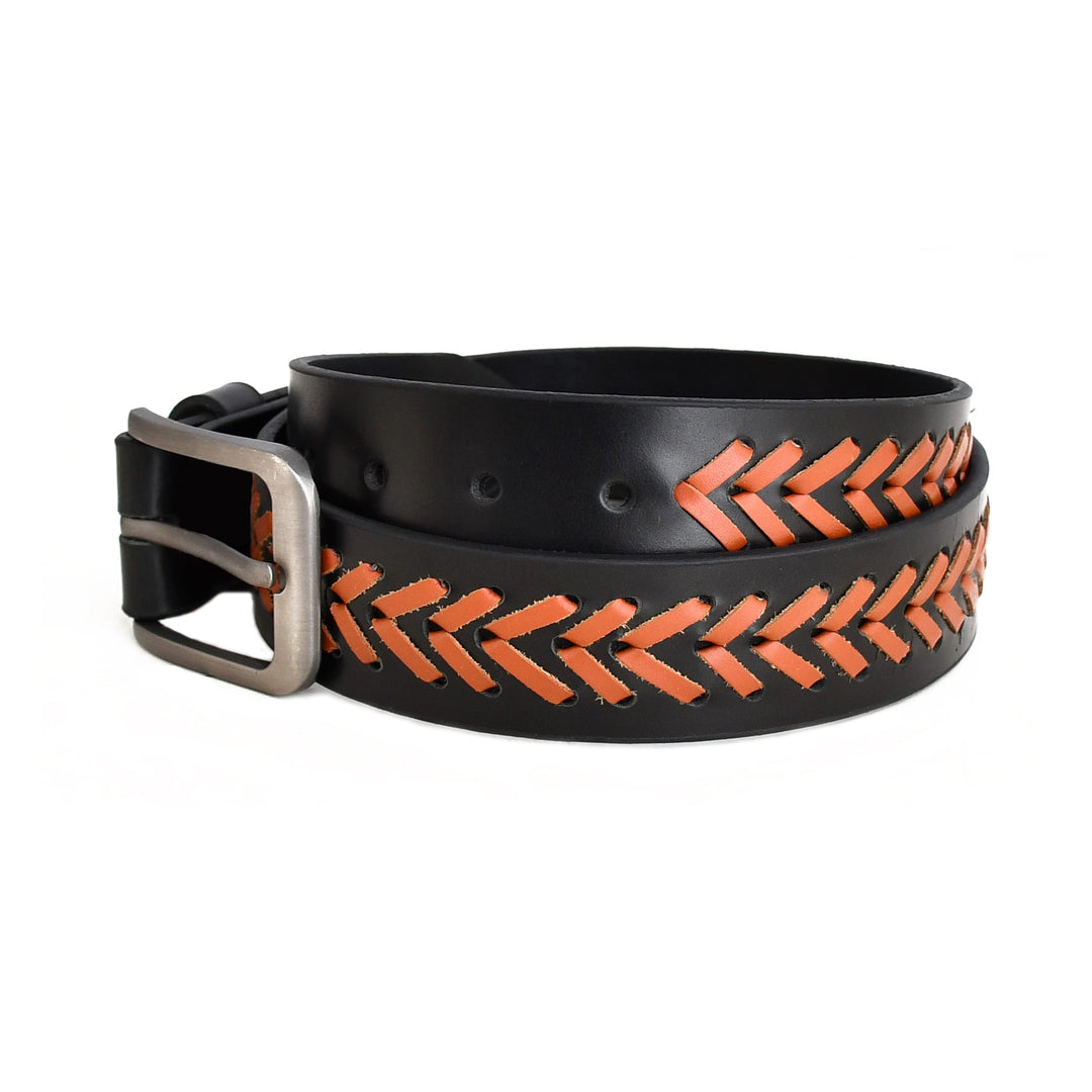 A black leather belt with a silver-tone buckle, featuring a prominent orange chevron pattern woven along the outer strap, displayed on a clean white background.