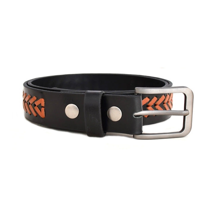A black leather belt with a silver-tone metal buckle and silver rivets, featuring orange braided accents on the sides, shown on a plain white background.