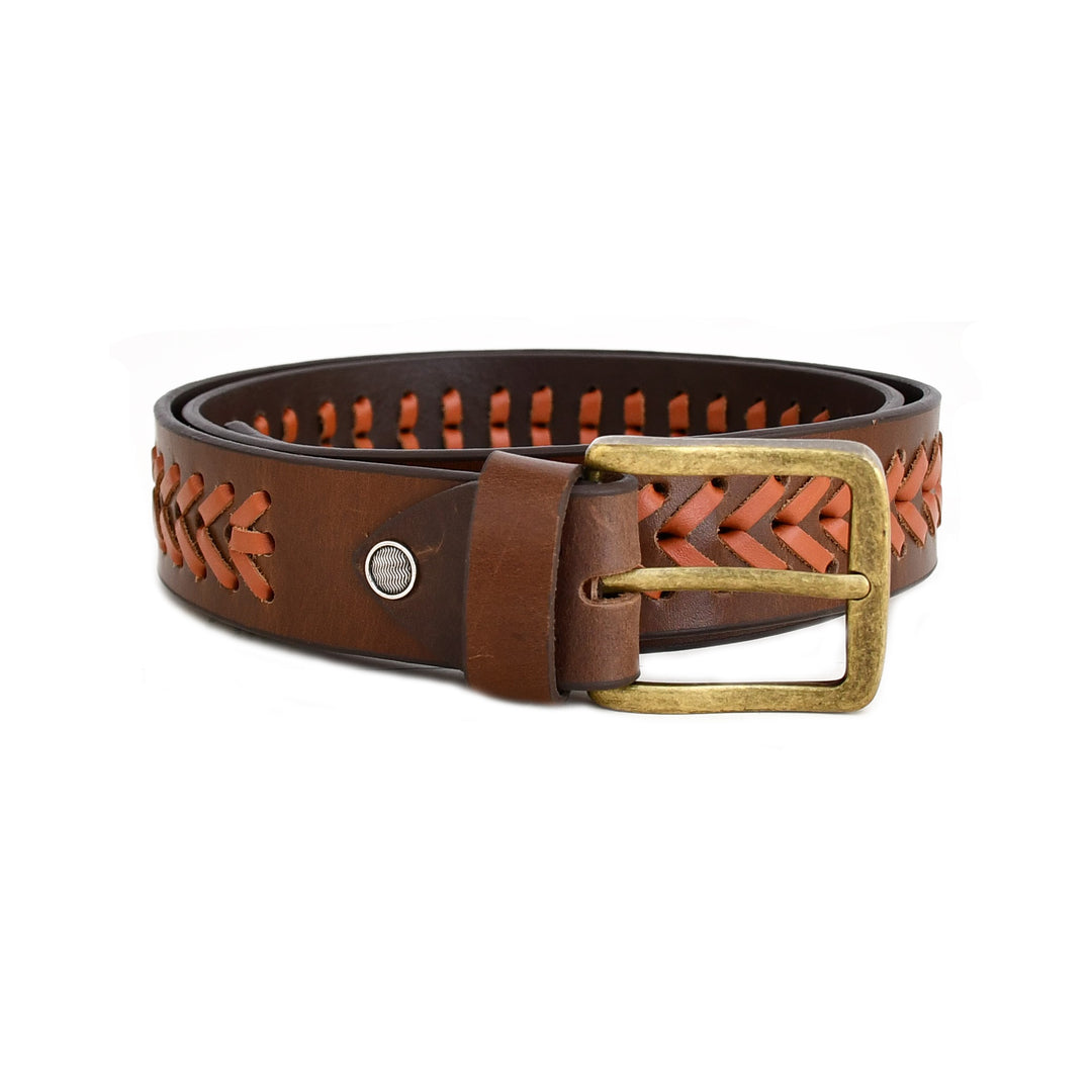 A brown leather belt with a braided pattern on the sides and a brass buckle, shown on a plain white background.