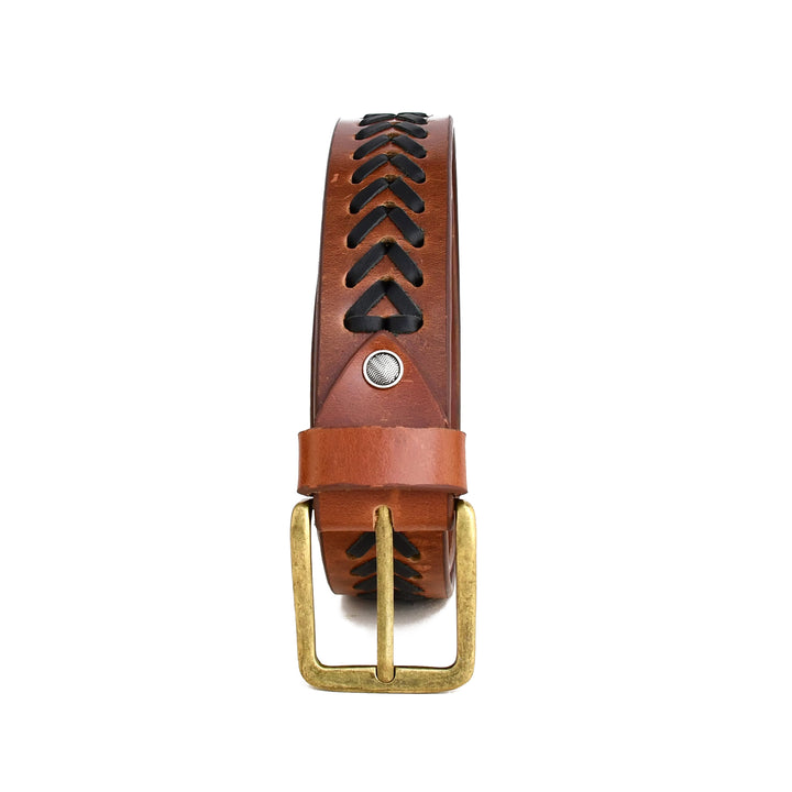 A brown leather belt with a decorative black chevron pattern on the strap, a silver-tone rivet, and a brass buckle, shown against a plain white background.