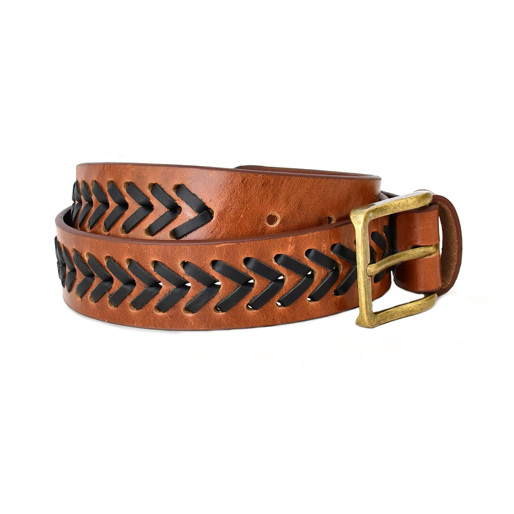 A brown leather belt with a black chevron pattern running through the center and a brass buckle, shown on a plain white background.