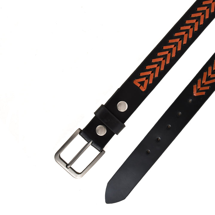 A black leather Belt featuring a repeating orange chevron pattern on the underside, finished with a silver-tone metal buckle and silver rivets, shown on a plain white background.