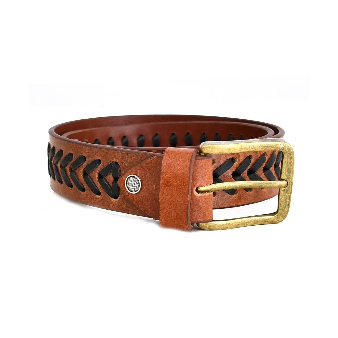 A brown leather belt with a decorative braided pattern on the strap and a brass buckle, shown on a plain white background.