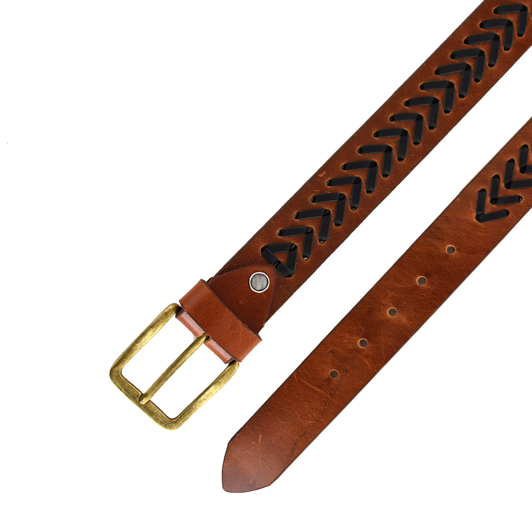 A brown leather belt with a decorative black chevron pattern running through the strap, a brass buckle, and a silver-toned rivet, shown on a plain white background.